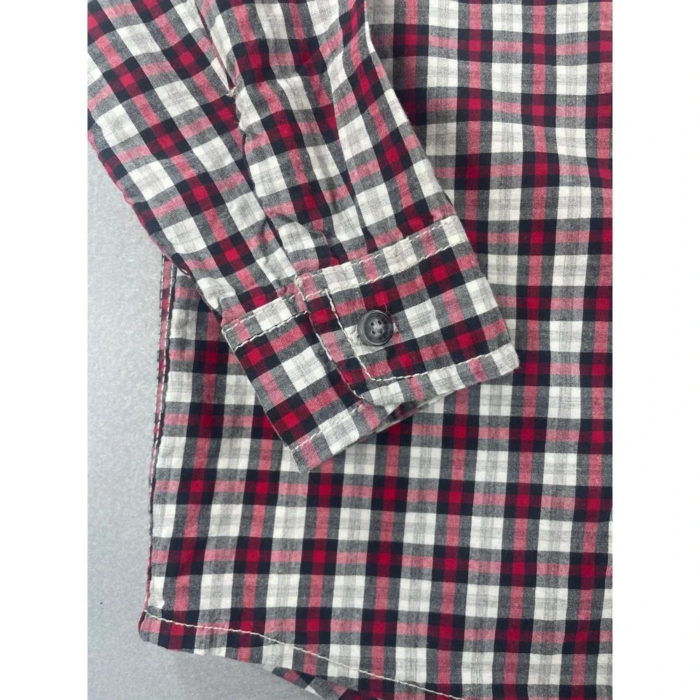 OshKosh Button Down Shirt Boys Size 6 Red White Blue Plaid Long Sleeve Cotton